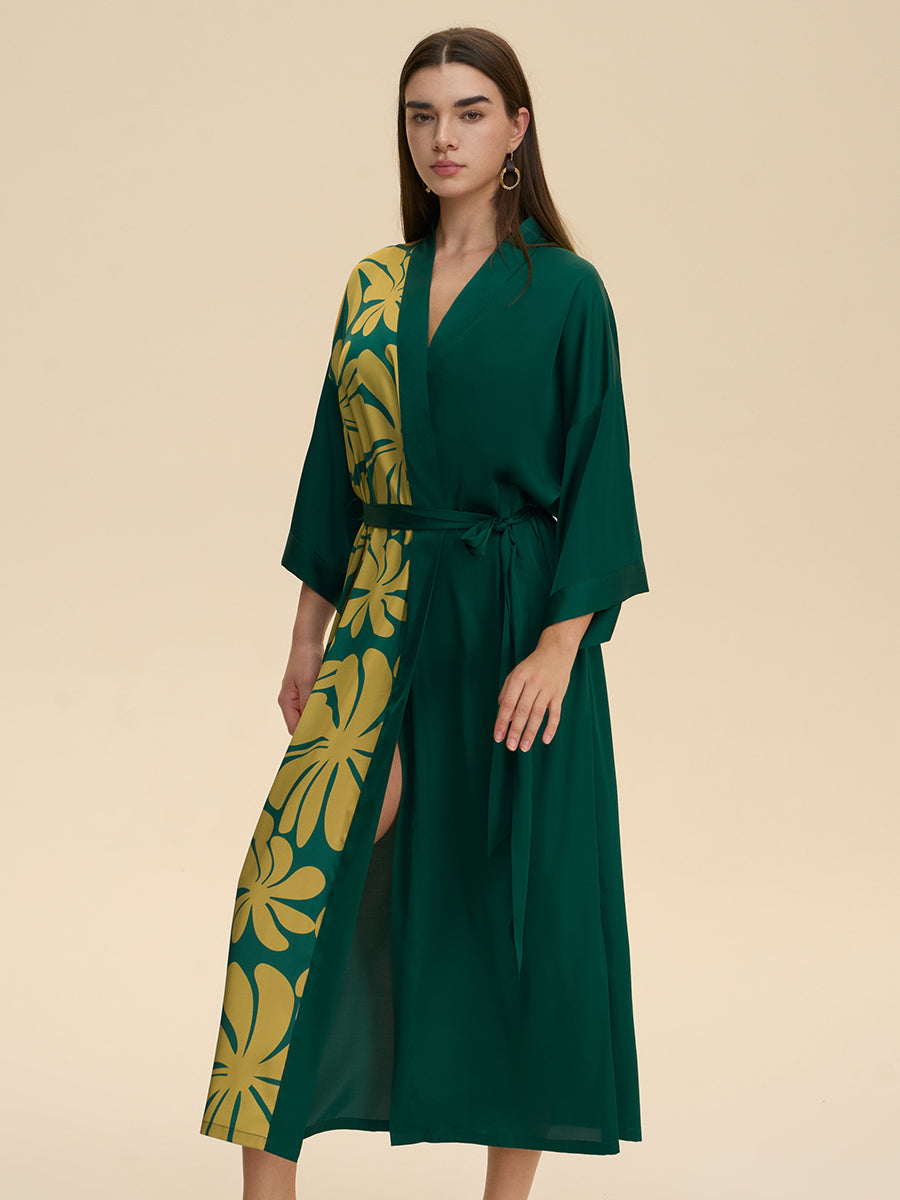 Colorblock Floral Satin Kimono Robe