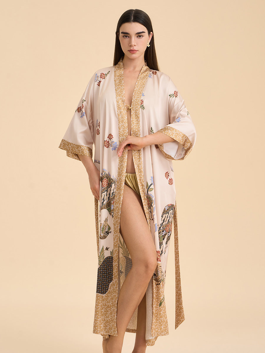 Oriental Bird & Floral Satin Kimono Robe