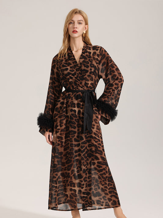 Leopard Print Satin Robe with Tulle Cuffs