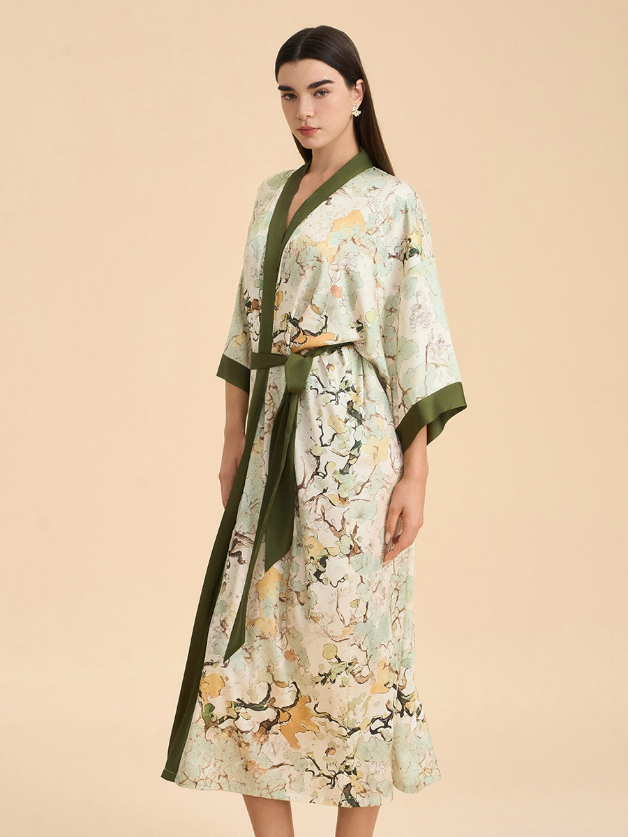 Ink Wash Botanical Satin Kimono Robe