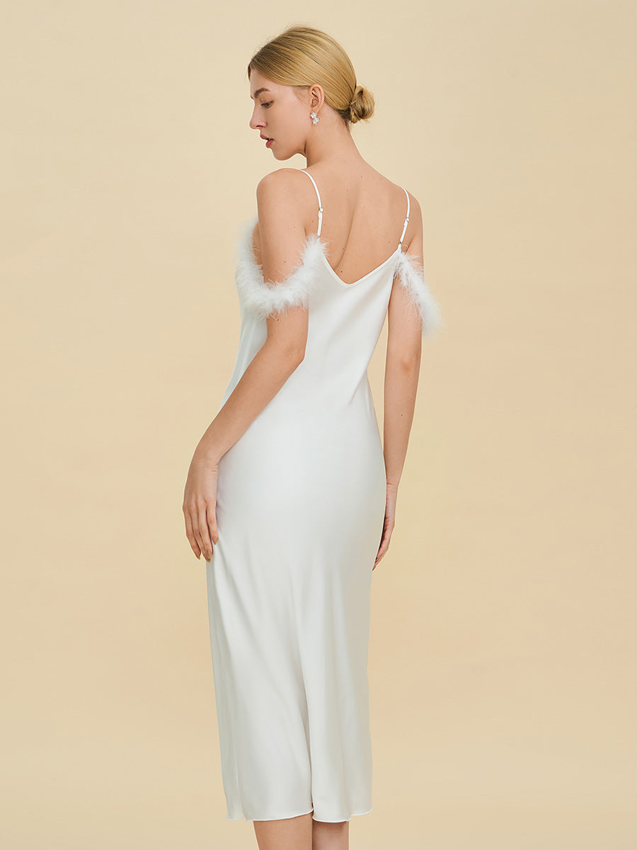 White Satin Midi Slip Dress with Feather Trim