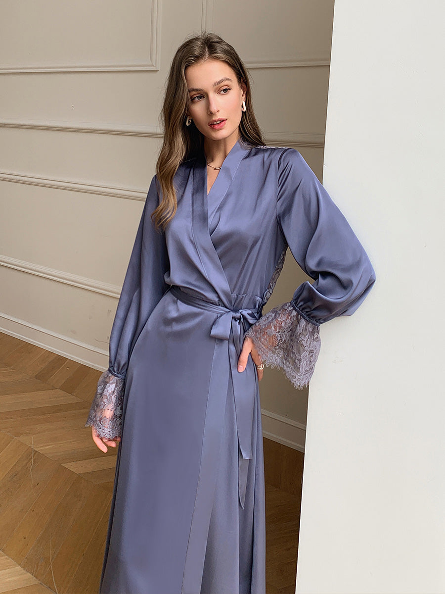 Dusty Blue Satin Chiffon Maxi Robe