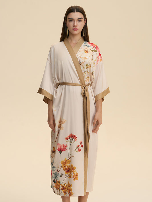 Floral Print Satin Kimono Robe