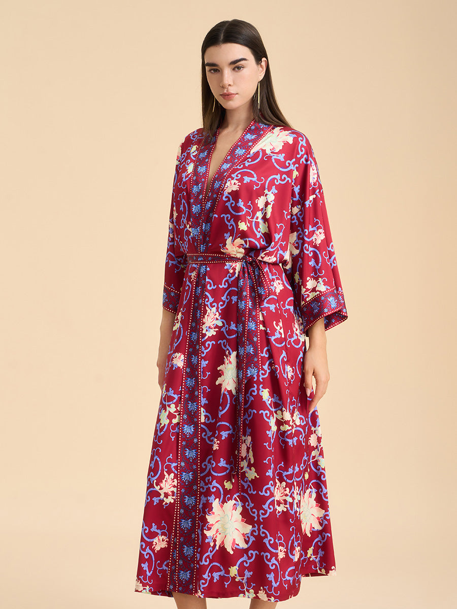 Crimson Floral Satin Kimono Robe