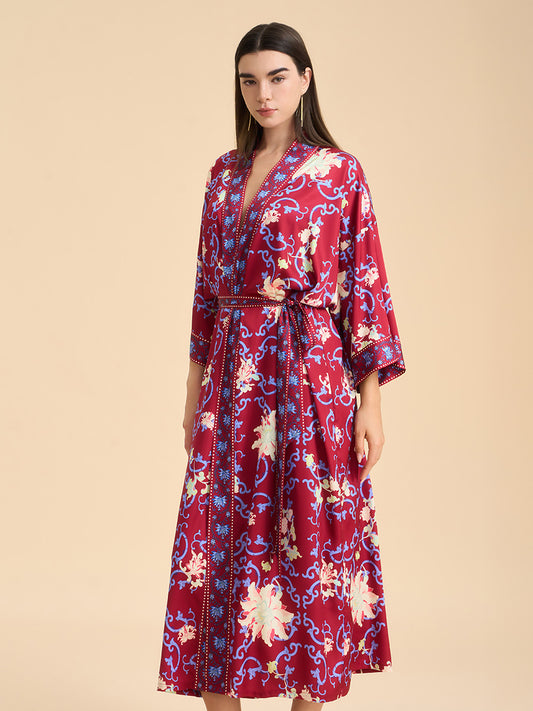 Crimson Floral Satin Kimono Robe