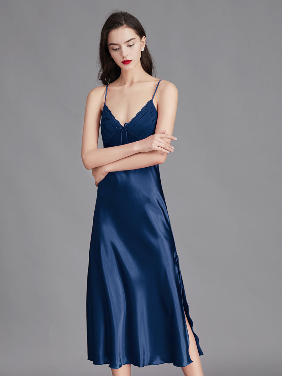 Navy Blue Satin Lace Trim Slip Dress