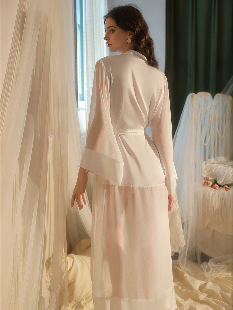 White Sheer Chiffon & Satin Kimono Robe