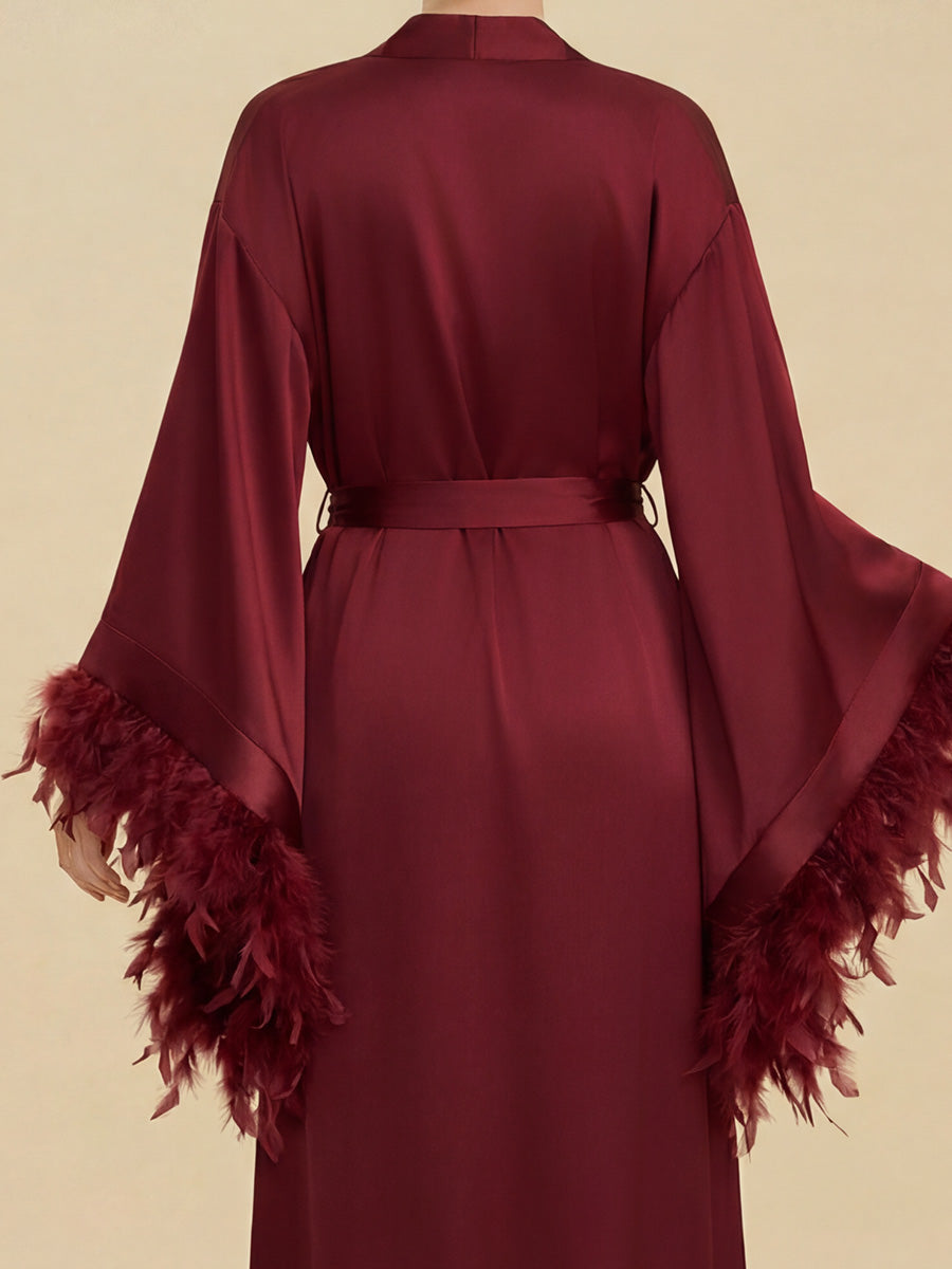 Burgundy Satin Maxi Robe with Oversized Feather Cuffs