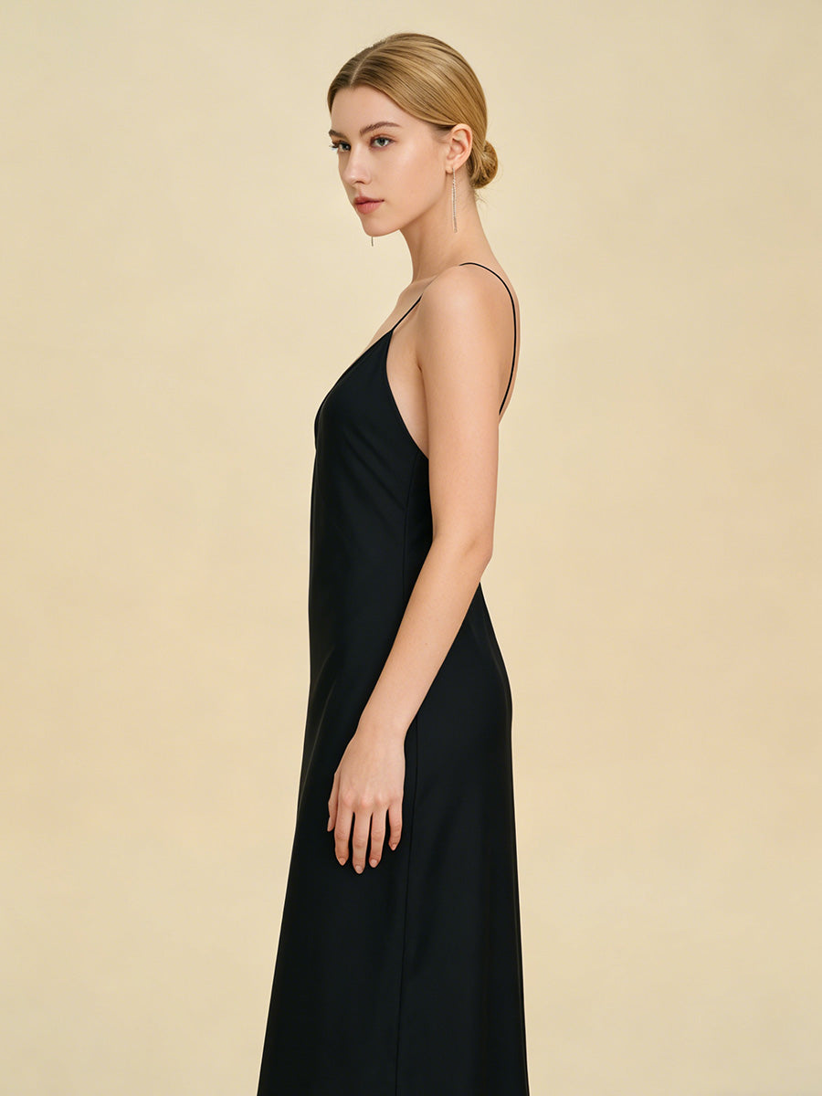 Black Satin Midi Slip Dress with Crisscross Back