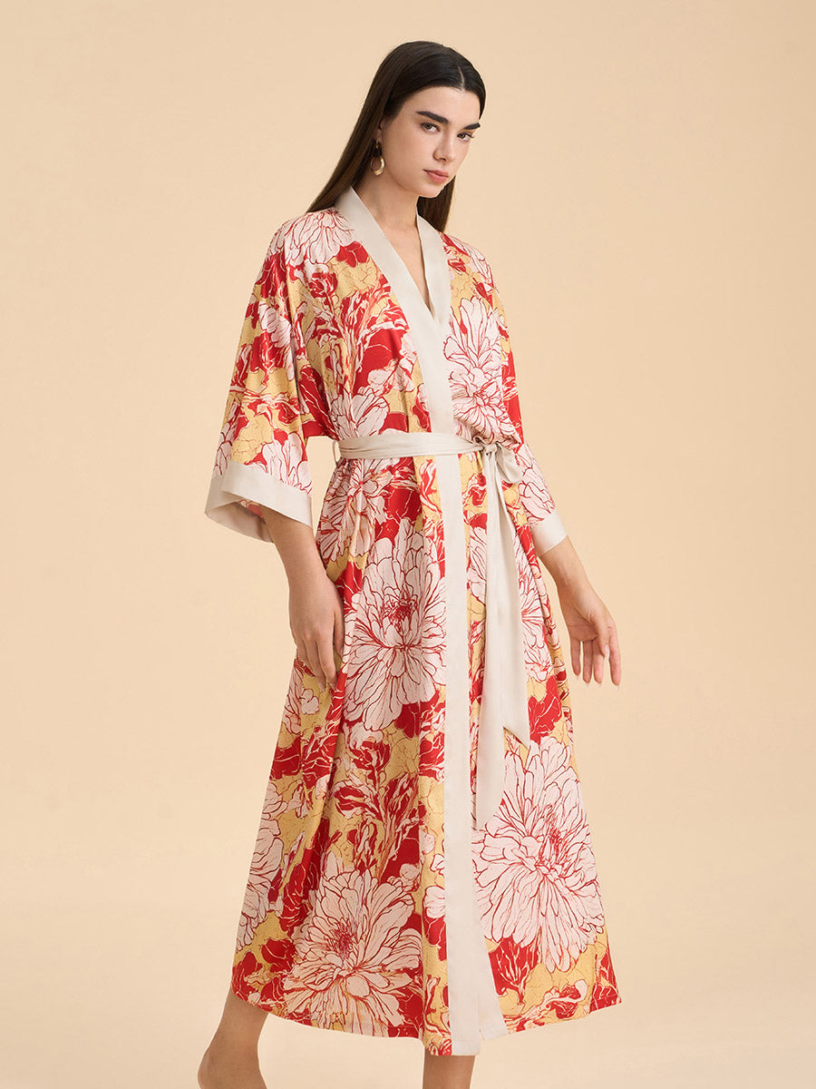 Deconstructed Peony Satin Kimono Robe