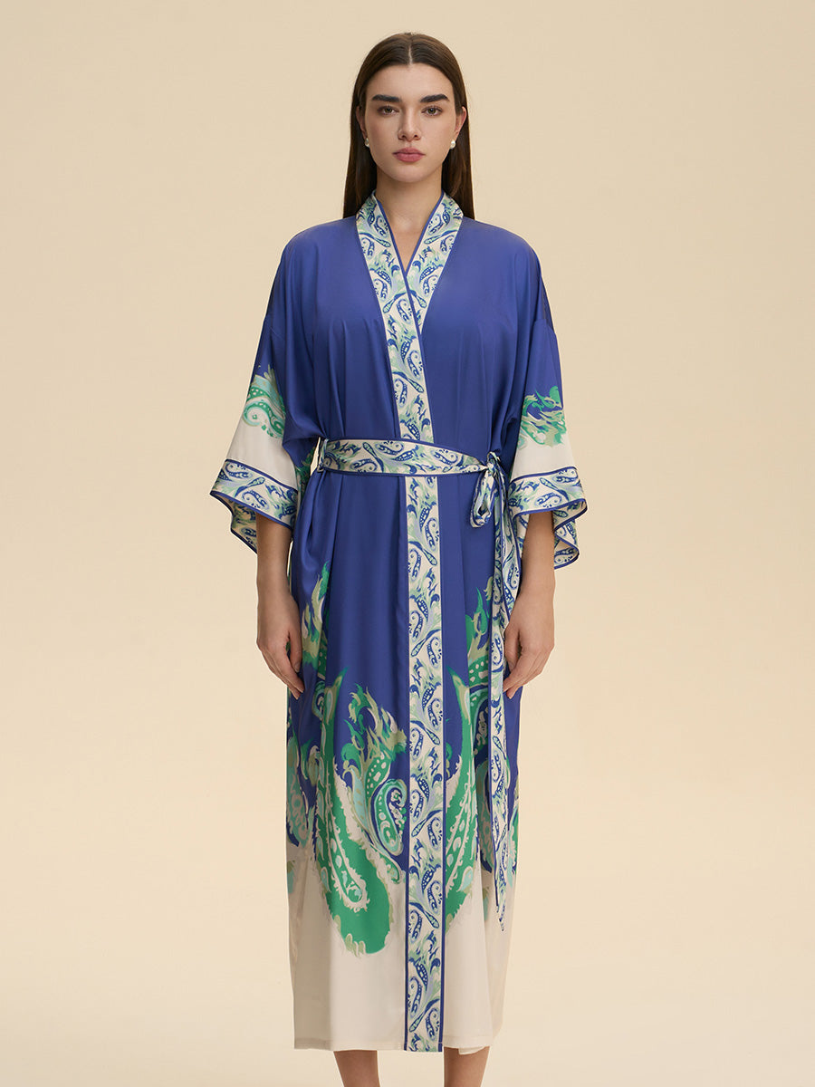 Royal Blue Paisley Satin Kimono Robe