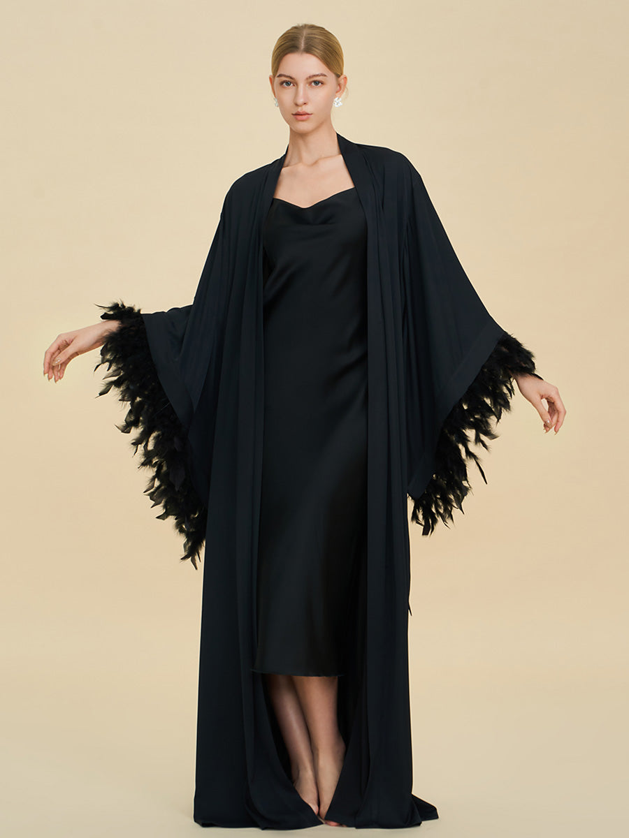 Black Satin Maxi Robe with Oversized Feather Cuffs