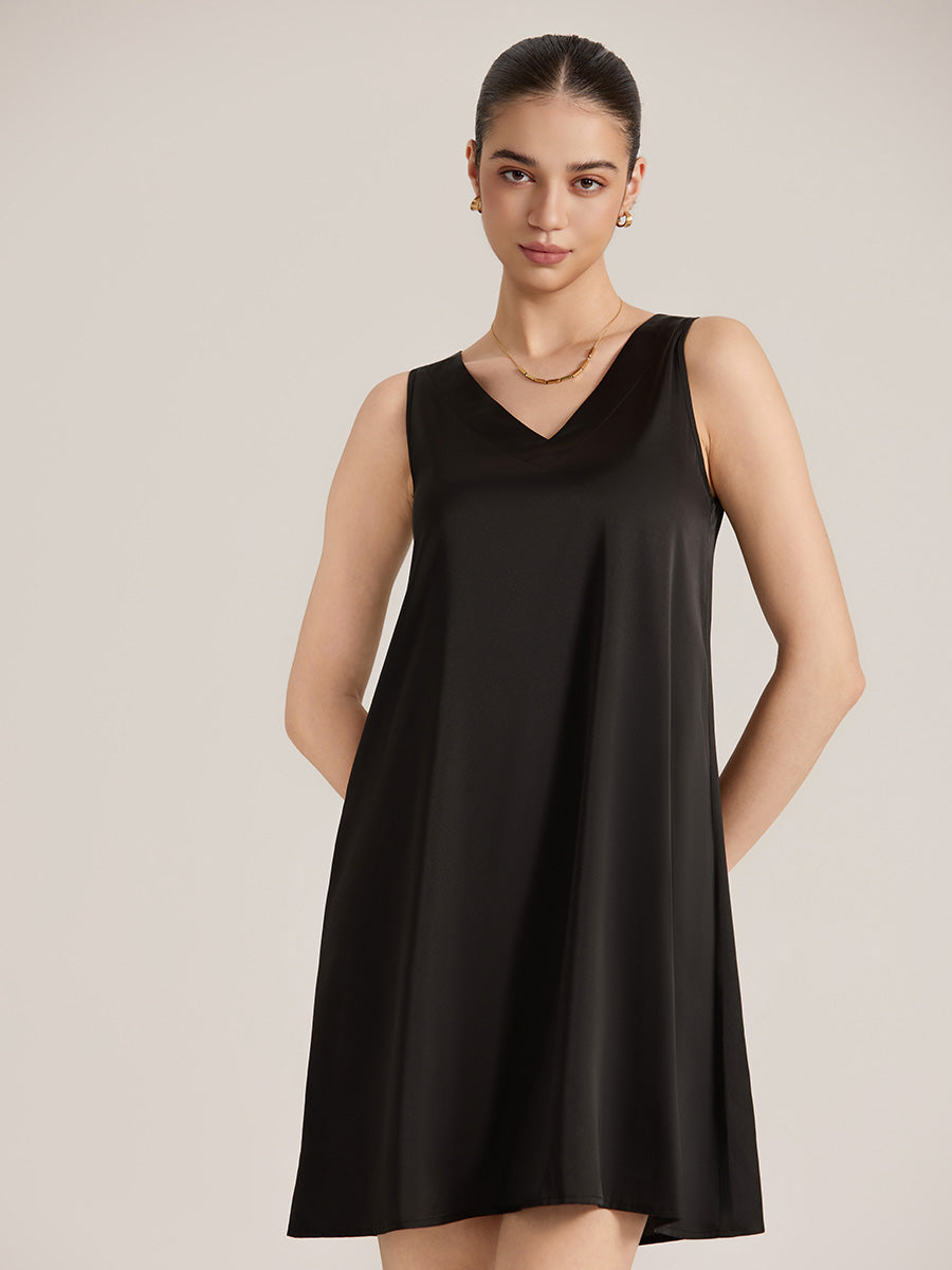 Black Satin Sleeveless Shift Dress