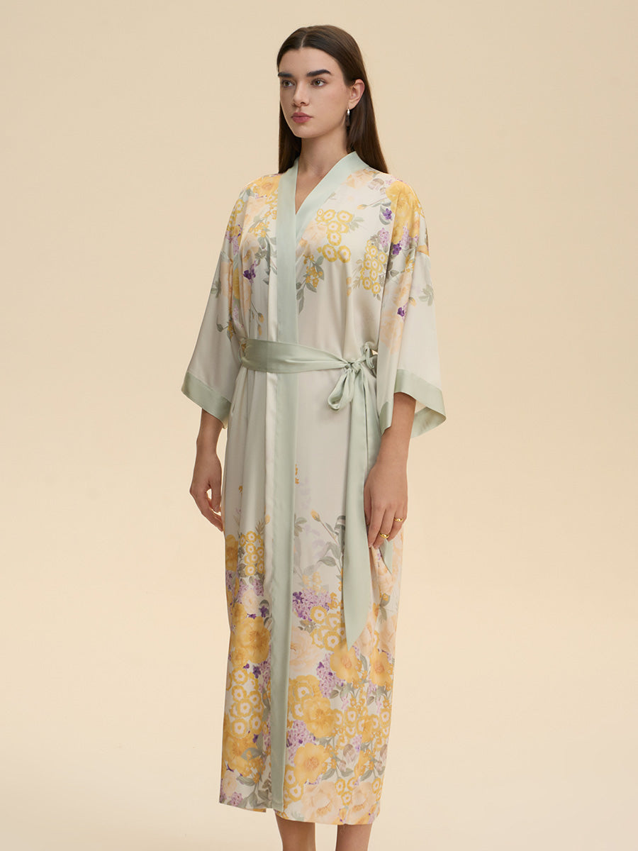 Floral Print Satin Kimono Robe