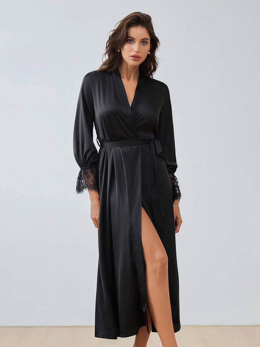 Black Satin Chiffon Maxi Robe