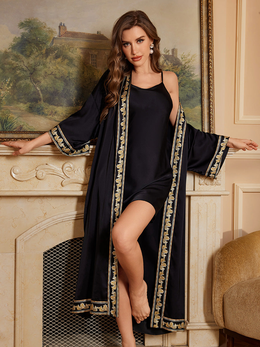 Black Trim Satin Chiffon Kimono Robe