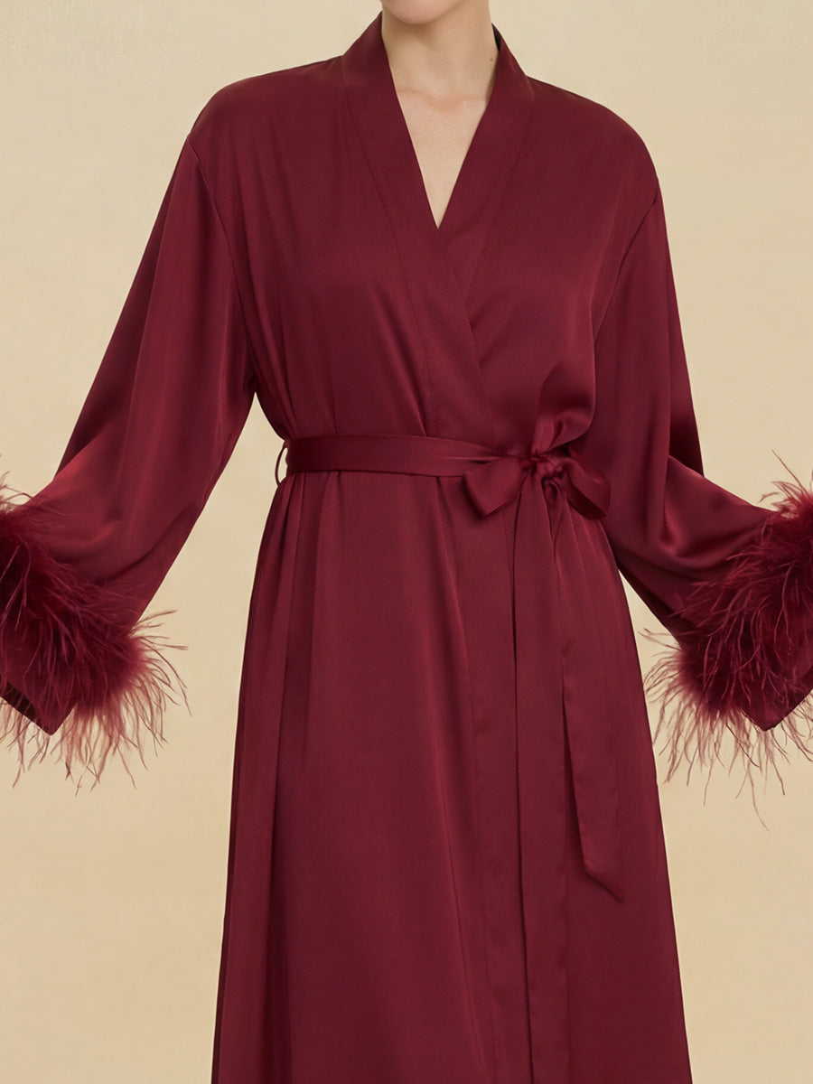 Burgundy Satin Maxi Robe with Feather Cuffs