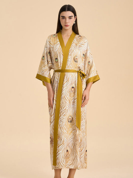 Peacock Feather Satin Kimono Robe