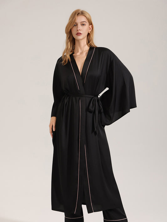 Black Satin Robe with Pink Piping