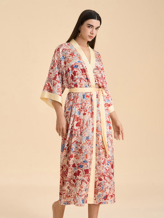 Artistic Marble Print Satin Kimono Robe