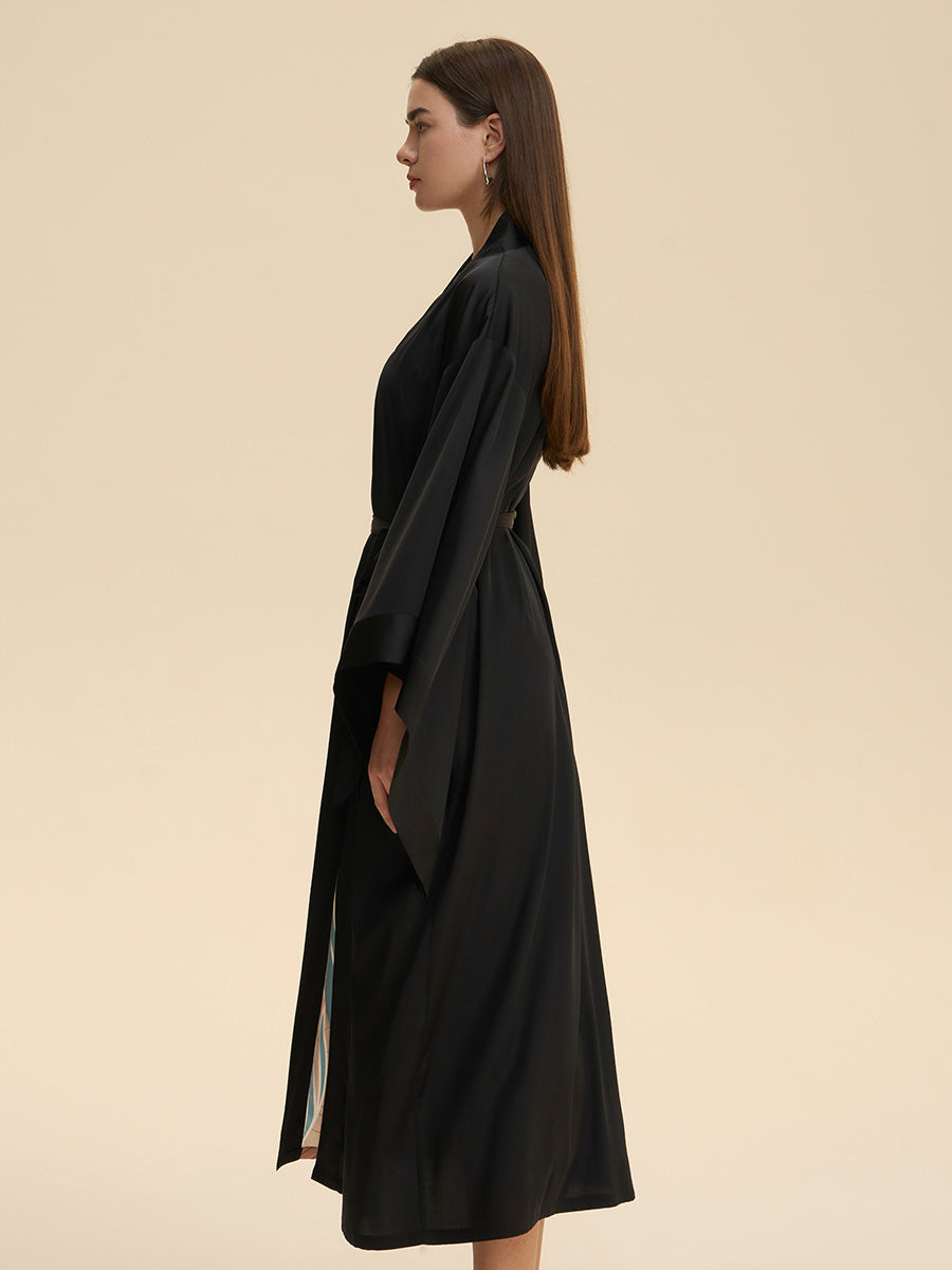 Black Abstract Wave Print Satin Kimono Robe