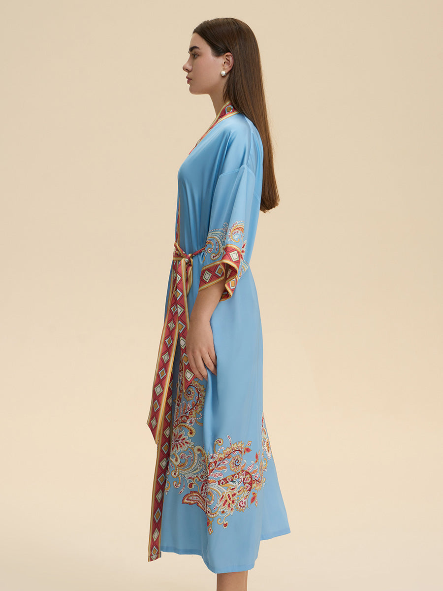 Sky Blue Paisley Satin Kimono Robe