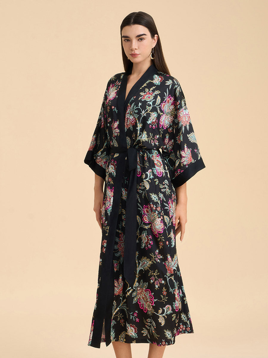Midnight Floral Satin Kimono Robe
