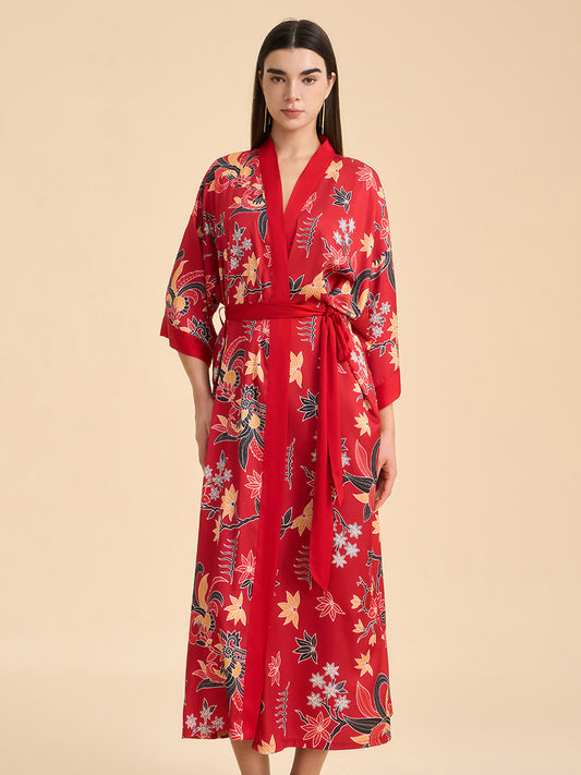 Oriental Floral Satin Kimono Robe