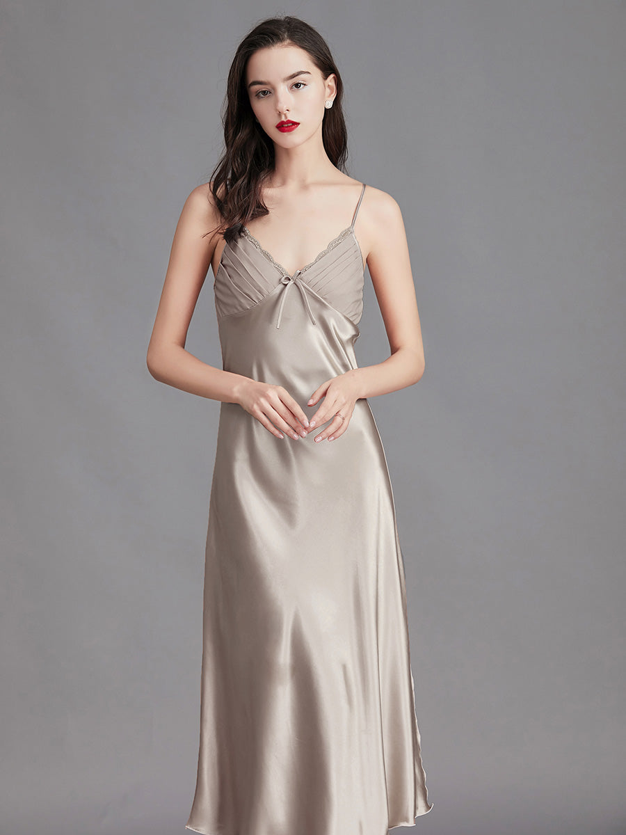 Light Grey Silky Lace Trim Slip Dress