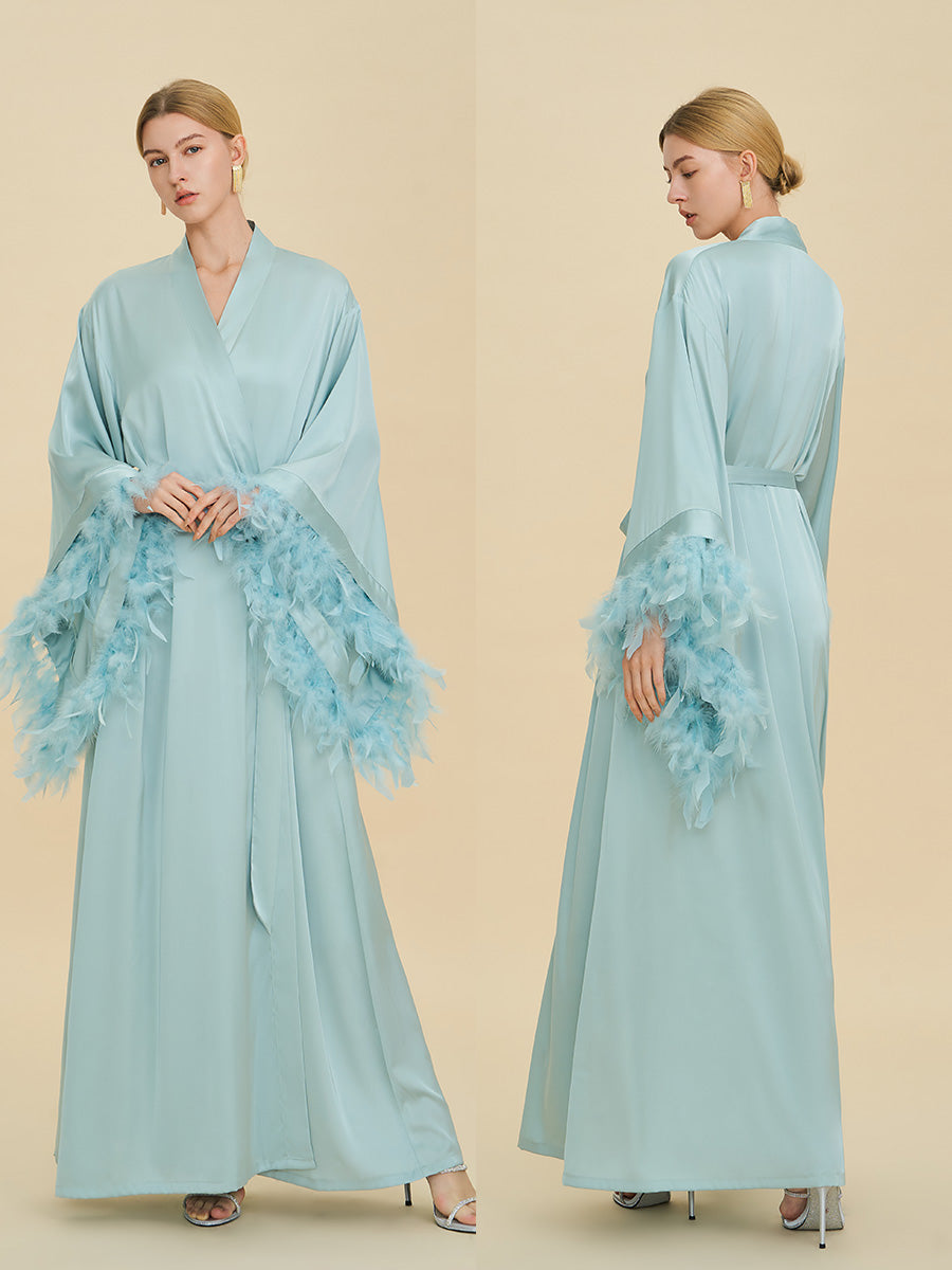 Light Blue Satin Maxi Robe with Oversized Feather Cuffs