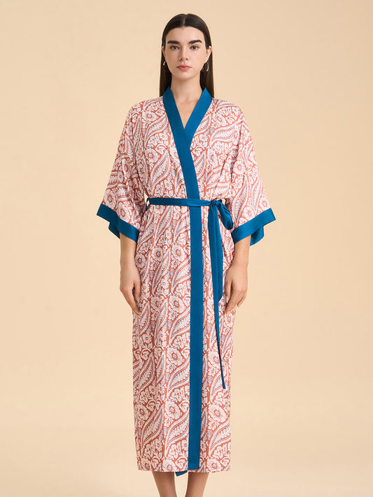 Paisley Contrast Trim Satin Kimono Robe