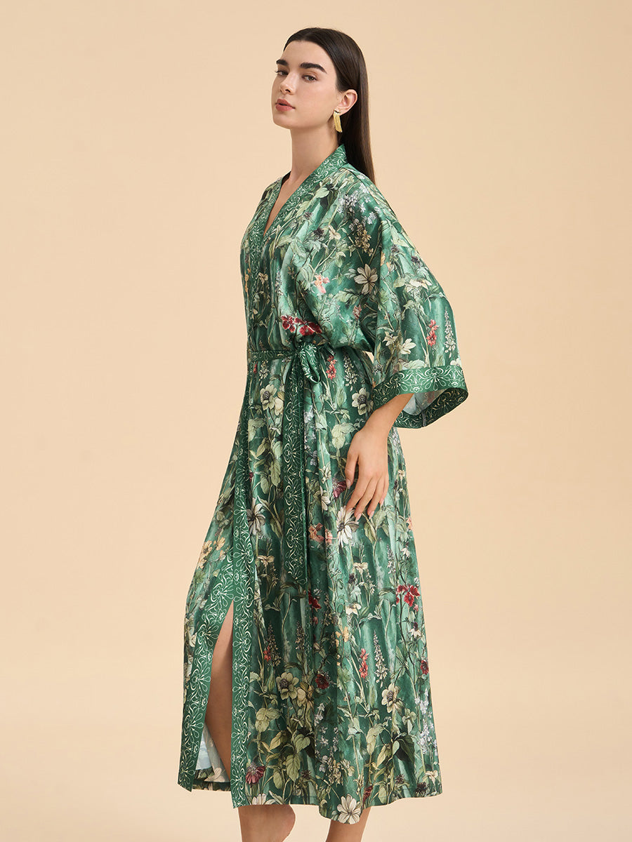 Botanical Print Satin Kimono Robe