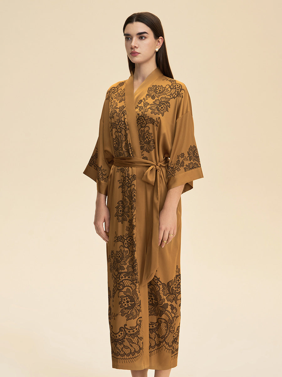 Lace Print Satin Kimono Robe