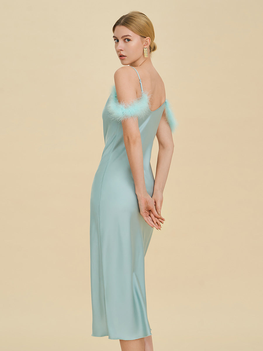 Light Blue Satin Midi Slip Dress with Feather Trim