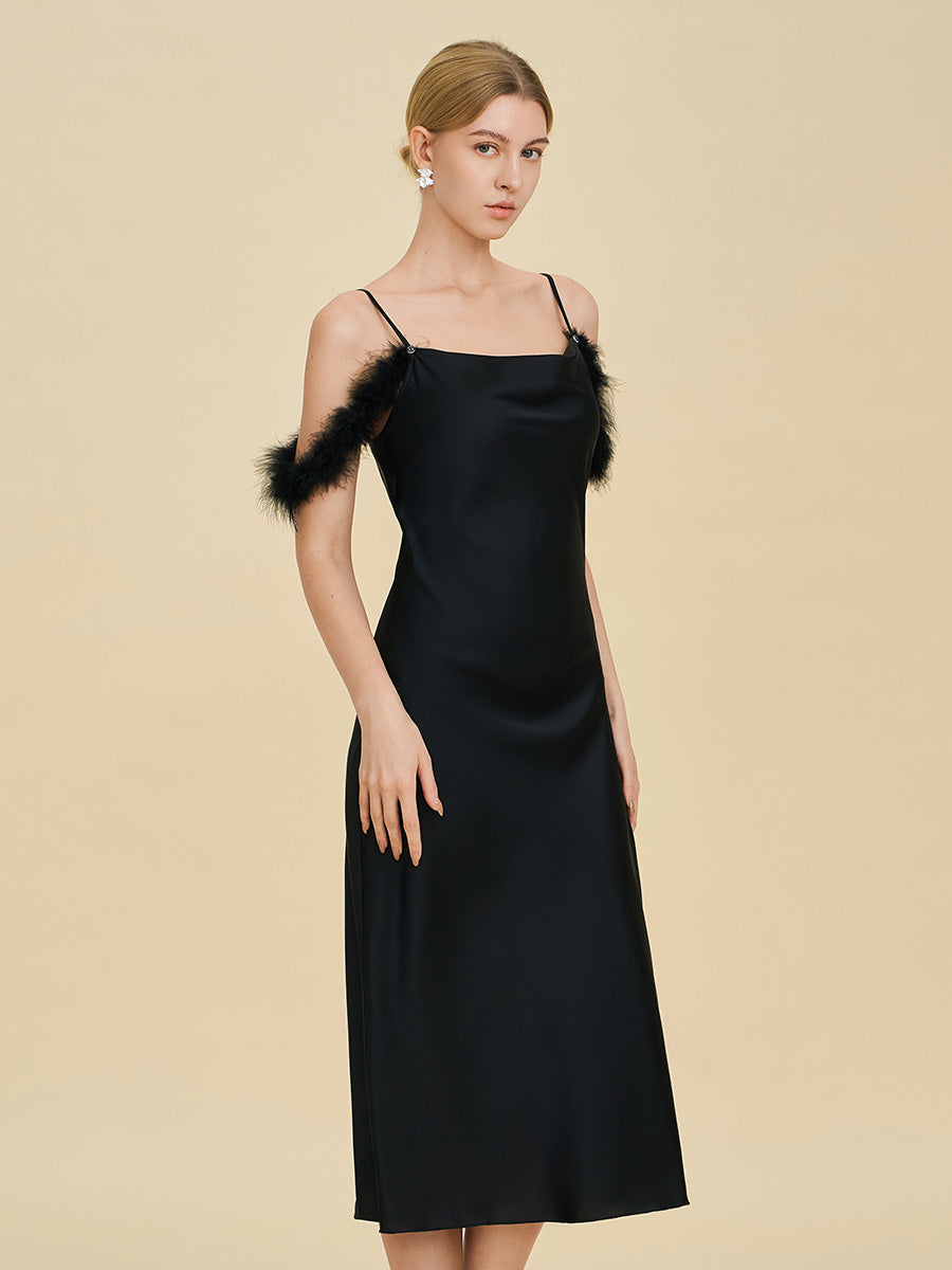 Black Satin Midi Slip Dress with Feather Trim