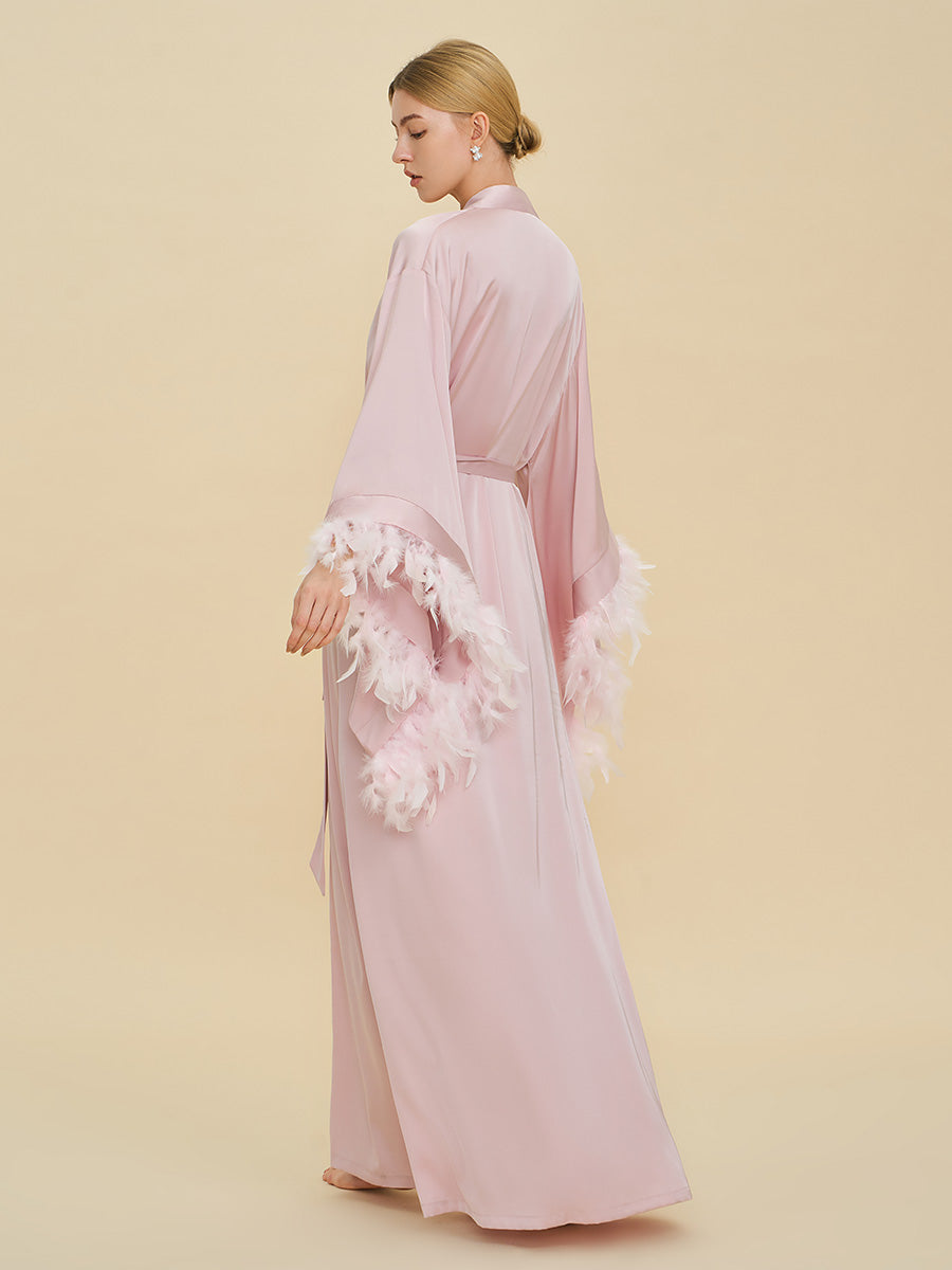 Blush Pink Satin Maxi Robe with Oversized Feather Cuffs