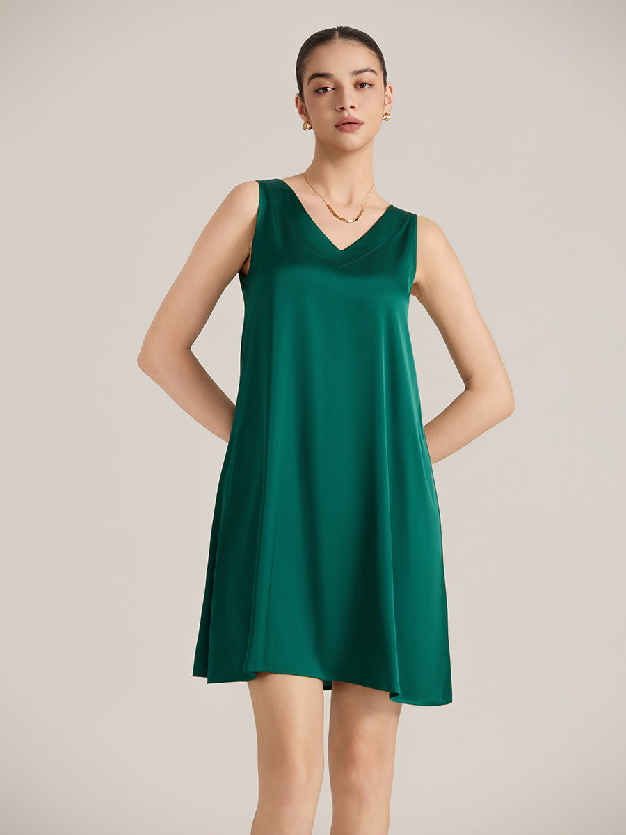 Emerald Green Satin Sleeveless Shift Dress