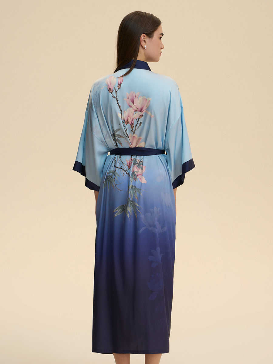 Magnolia Print Ombre Satin Kimono Robe