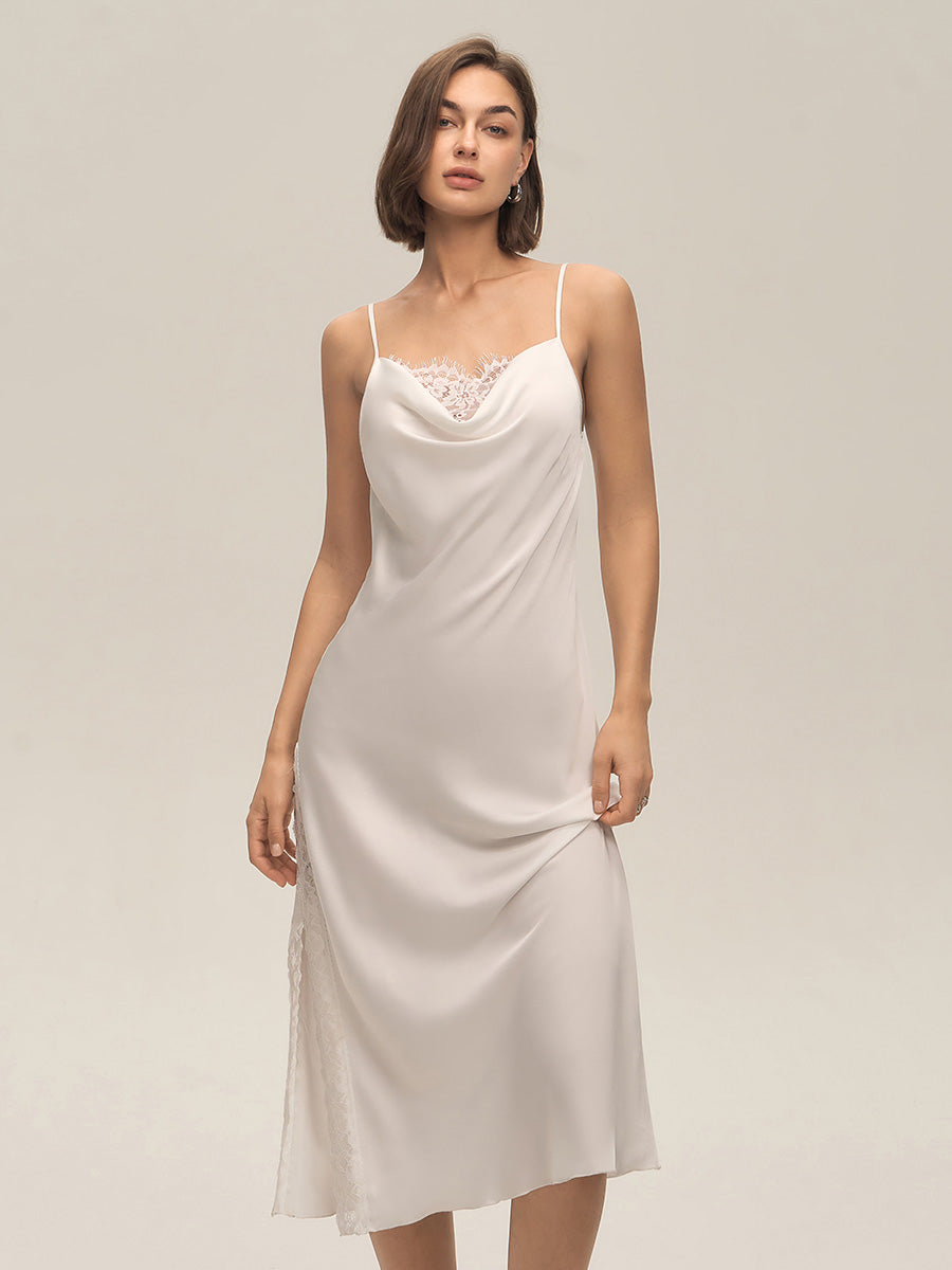 Ivory Cowl Neck Lace Satin Midi Slip Dress