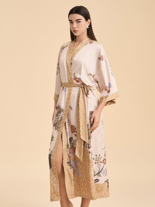 Oriental Bird & Floral Satin Kimono Robe