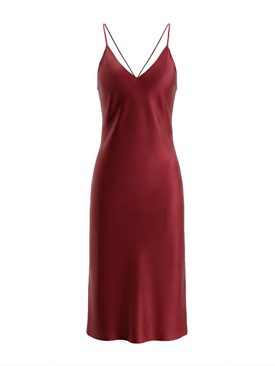 Burgundy Satin Midi Slip Dress with Crisscross Back