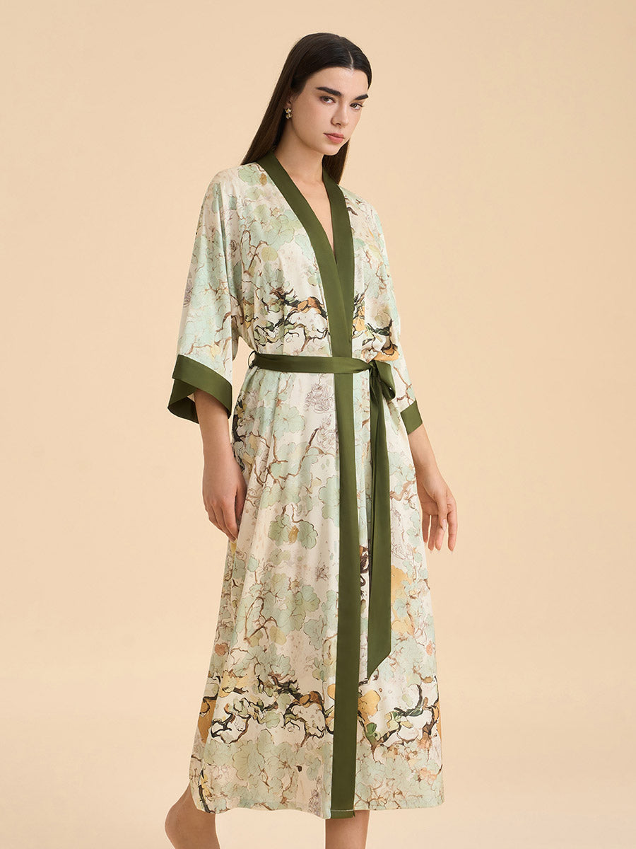 Ink Wash Botanical Satin Kimono Robe