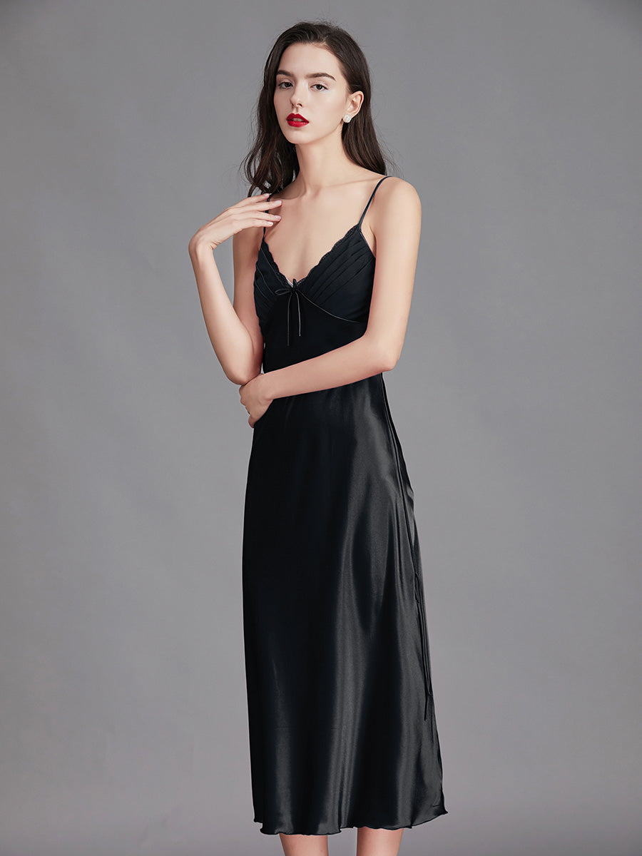 Black Silky Lace Trim Slip Dress
