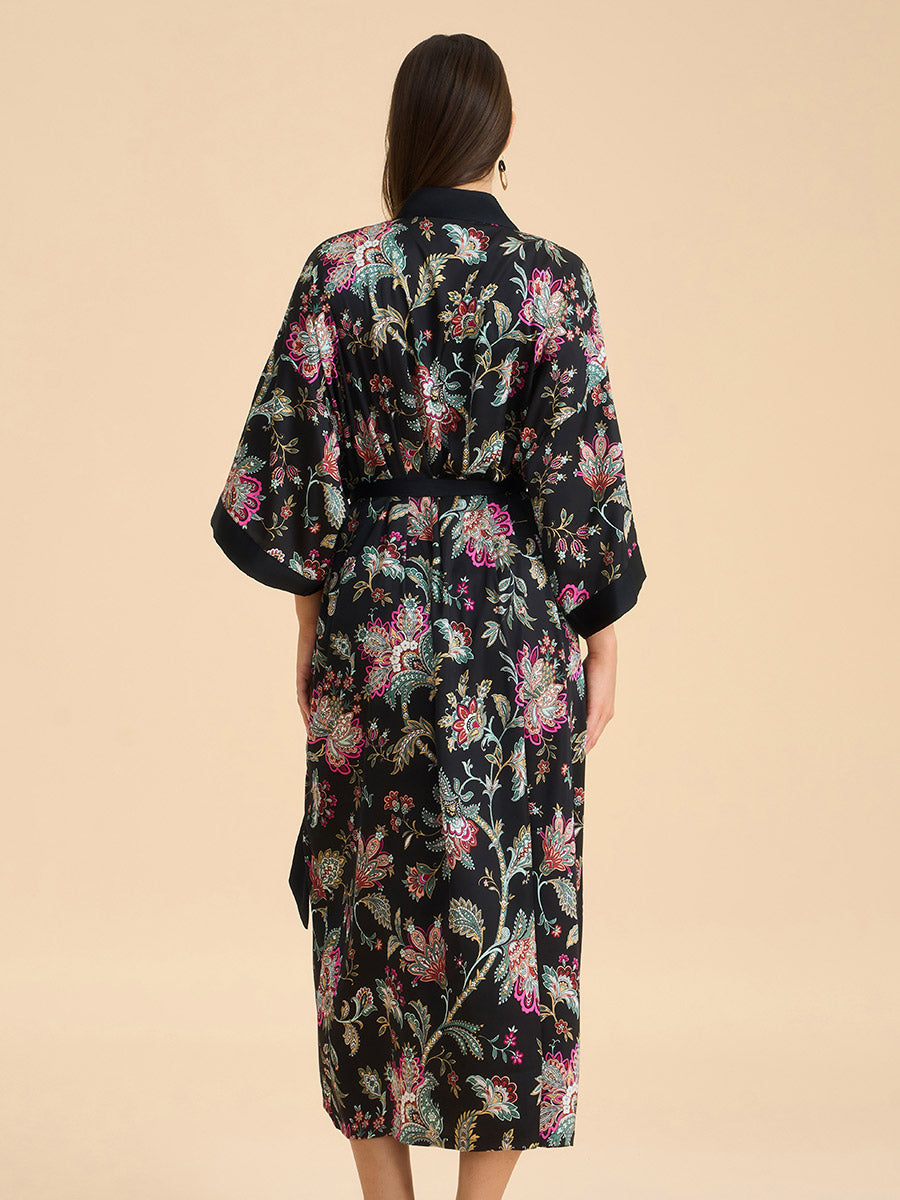 Midnight Floral Satin Kimono Robe