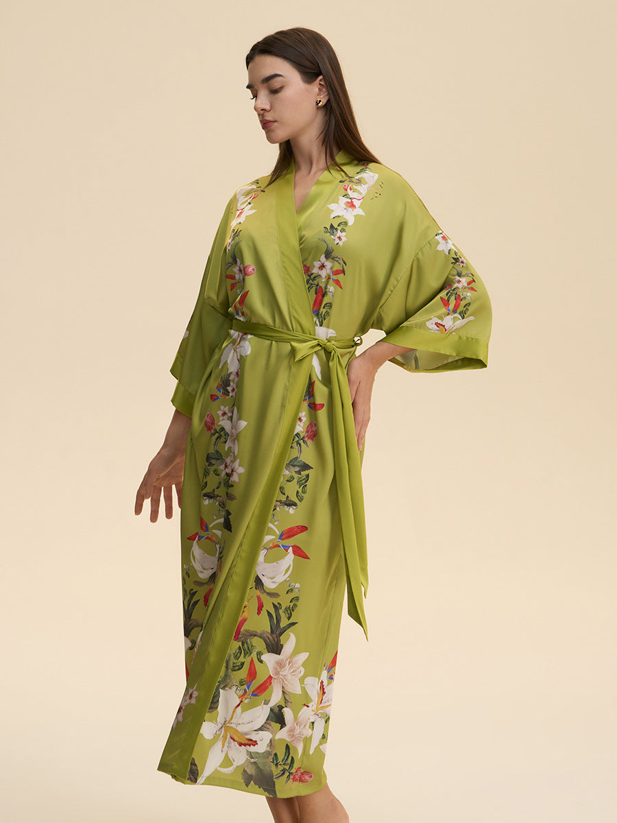 Lily Print Satin Kimono Robe