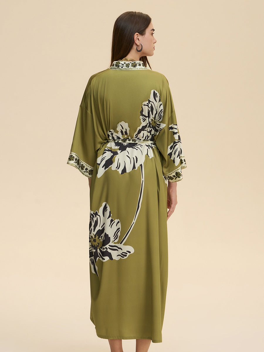 Olive Green Floral Satin Kimono Robe