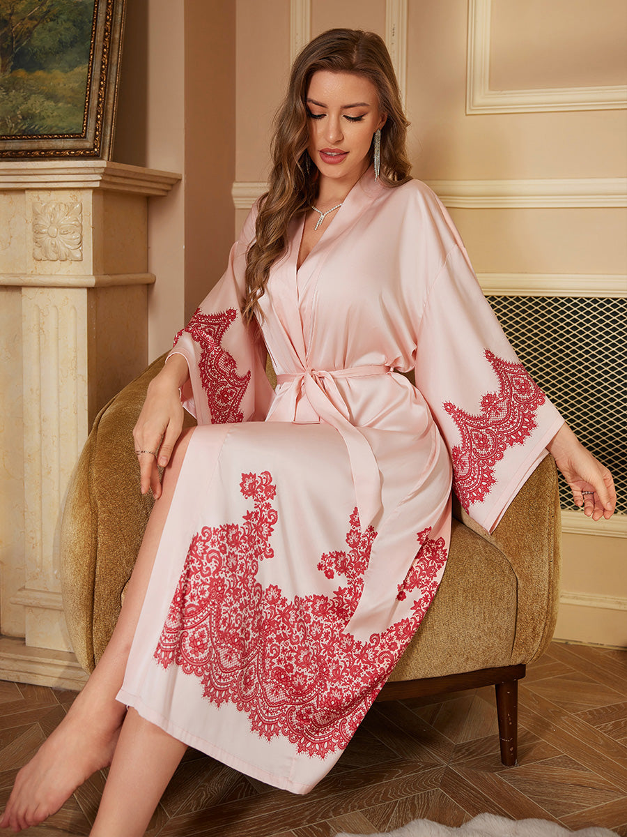 Pink Lace Satin Kimono Robe