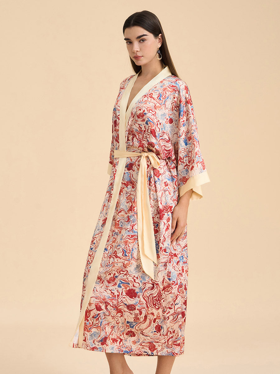 Artistic Marble Print Satin Kimono Robe