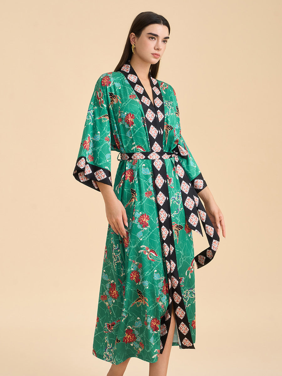 Green Floral Butterfly Satin Kimono Robe