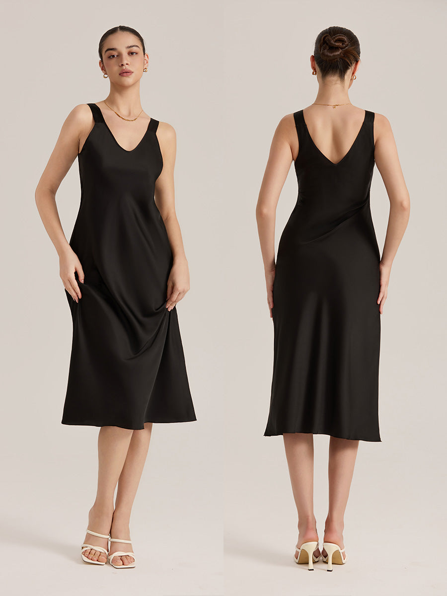 Satin Chiffon V-Neck Midi Slip Dress